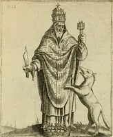 An illustration from Vaticinia, siue, Prophetiae abbatis Joachimi & Anselmi episcopi Marsicani : cum imaginibus aere incisis, correctione et pulcritudine, plurium manuscriptorum exemplariu op[er]e ... : qvibvs rota et oraculum turcicum maxime considerationis adiecta sunt : vna cum praefatione et adnotationibus Paschalini Regiselmi = Vaticinii, ouero, Profetie dell'abbate Gioachino & di Anselmo vescovo di Marsico .. (1589)