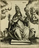 An illustration from Vaticinia, siue, Prophetiae abbatis Joachimi & Anselmi episcopi Marsicani : cum imaginibus aere incisis, correctione et pulcritudine, plurium manuscriptorum exemplariu op[er]e ... : qvibvs rota et oraculum turcicum maxime considerationis adiecta sunt : vna cum praefatione et adnotationibus Paschalini Regiselmi = Vaticinii, ouero, Profetie dell'abbate Gioachino & di Anselmo vescovo di Marsico .. (1589)