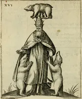 An illustration from Vaticinia, siue, Prophetiae abbatis Joachimi & Anselmi episcopi Marsicani : cum imaginibus aere incisis, correctione et pulcritudine, plurium manuscriptorum exemplariu op[er]e ... : qvibvs rota et oraculum turcicum maxime considerationis adiecta sunt : vna cum praefatione et adnotationibus Paschalini Regiselmi = Vaticinii, ouero, Profetie dell'abbate Gioachino & di Anselmo vescovo di Marsico .. (1589)