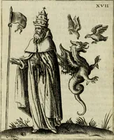 An illustration from Vaticinia, siue, Prophetiae abbatis Joachimi & Anselmi episcopi Marsicani : cum imaginibus aere incisis, correctione et pulcritudine, plurium manuscriptorum exemplariu op[er]e ... : qvibvs rota et oraculum turcicum maxime considerationis adiecta sunt : vna cum praefatione et adnotationibus Paschalini Regiselmi = Vaticinii, ouero, Profetie dell'abbate Gioachino & di Anselmo vescovo di Marsico .. (1589)