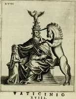 An illustration from Vaticinia, siue, Prophetiae abbatis Joachimi & Anselmi episcopi Marsicani : cum imaginibus aere incisis, correctione et pulcritudine, plurium manuscriptorum exemplariu op[er]e ... : qvibvs rota et oraculum turcicum maxime considerationis adiecta sunt : vna cum praefatione et adnotationibus Paschalini Regiselmi = Vaticinii, ouero, Profetie dell'abbate Gioachino & di Anselmo vescovo di Marsico .. (1589)
