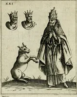 An illustration from Vaticinia, siue, Prophetiae abbatis Joachimi & Anselmi episcopi Marsicani : cum imaginibus aere incisis, correctione et pulcritudine, plurium manuscriptorum exemplariu op[er]e ... : qvibvs rota et oraculum turcicum maxime considerationis adiecta sunt : vna cum praefatione et adnotationibus Paschalini Regiselmi = Vaticinii, ouero, Profetie dell'abbate Gioachino & di Anselmo vescovo di Marsico .. (1589)