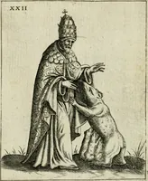 An illustration from Vaticinia, siue, Prophetiae abbatis Joachimi & Anselmi episcopi Marsicani : cum imaginibus aere incisis, correctione et pulcritudine, plurium manuscriptorum exemplariu op[er]e ... : qvibvs rota et oraculum turcicum maxime considerationis adiecta sunt : vna cum praefatione et adnotationibus Paschalini Regiselmi = Vaticinii, ouero, Profetie dell'abbate Gioachino & di Anselmo vescovo di Marsico .. (1589)