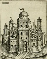 An illustration from Vaticinia, siue, Prophetiae abbatis Joachimi & Anselmi episcopi Marsicani : cum imaginibus aere incisis, correctione et pulcritudine, plurium manuscriptorum exemplariu op[er]e ... : qvibvs rota et oraculum turcicum maxime considerationis adiecta sunt : vna cum praefatione et adnotationibus Paschalini Regiselmi = Vaticinii, ouero, Profetie dell'abbate Gioachino & di Anselmo vescovo di Marsico .. (1589)