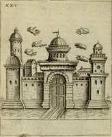 An illustration from Vaticinia, siue, Prophetiae abbatis Joachimi & Anselmi episcopi Marsicani : cum imaginibus aere incisis, correctione et pulcritudine, plurium manuscriptorum exemplariu op[er]e ... : qvibvs rota et oraculum turcicum maxime considerationis adiecta sunt : vna cum praefatione et adnotationibus Paschalini Regiselmi = Vaticinii, ouero, Profetie dell'abbate Gioachino & di Anselmo vescovo di Marsico .. (1589)
