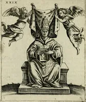 An illustration from Vaticinia, siue, Prophetiae abbatis Joachimi & Anselmi episcopi Marsicani : cum imaginibus aere incisis, correctione et pulcritudine, plurium manuscriptorum exemplariu op[er]e ... : qvibvs rota et oraculum turcicum maxime considerationis adiecta sunt : vna cum praefatione et adnotationibus Paschalini Regiselmi = Vaticinii, ouero, Profetie dell'abbate Gioachino & di Anselmo vescovo di Marsico .. (1589)