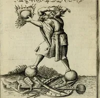 An illustration from Vaticinia, siue, Prophetiae abbatis Joachimi & Anselmi episcopi Marsicani : cum imaginibus aere incisis, correctione et pulcritudine, plurium manuscriptorum exemplariu op[er]e ... : qvibvs rota et oraculum turcicum maxime considerationis adiecta sunt : vna cum praefatione et adnotationibus Paschalini Regiselmi = Vaticinii, ouero, Profetie dell'abbate Gioachino & di Anselmo vescovo di Marsico .. (1589)
