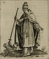 An illustration from Vaticinia, siue Prophetiae Abbatis Ioachimi, & Anselmi Episcopi Marsicani : cum imaginibus aere incisis, correctione, et pulcritudine, plurium manuscriptorum exemplariu[m] op[er]e, et uariu[m] imaginu[m] tabulis, et delineationibu[s] alijs antehac impressis longè praestantiora; quibus rota, et oraculum Turcicum maxime considerationis adiecta sunt (1600)