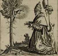 An illustration from Vaticinia, siue Prophetiae Abbatis Ioachimi, & Anselmi Episcopi Marsicani : cum imaginibus aere incisis, correctione, et pulcritudine, plurium manuscriptorum exemplariu[m] op[er]e, et uariu[m] imaginu[m] tabulis, et delineationibu[s] alijs antehac impressis longè praestantiora; quibus rota, et oraculum Turcicum maxime considerationis adiecta sunt (1600)