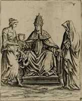 An illustration from Vaticinia, siue Prophetiae Abbatis Ioachimi, & Anselmi Episcopi Marsicani : cum imaginibus aere incisis, correctione, et pulcritudine, plurium manuscriptorum exemplariu[m] op[er]e, et uariu[m] imaginu[m] tabulis, et delineationibu[s] alijs antehac impressis longè praestantiora; quibus rota, et oraculum Turcicum maxime considerationis adiecta sunt (1600)