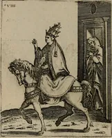 An illustration from Vaticinia, siue Prophetiae Abbatis Ioachimi, & Anselmi Episcopi Marsicani : cum imaginibus aere incisis, correctione, et pulcritudine, plurium manuscriptorum exemplariu[m] op[er]e, et uariu[m] imaginu[m] tabulis, et delineationibu[s] alijs antehac impressis longè praestantiora; quibus rota, et oraculum Turcicum maxime considerationis adiecta sunt (1600)