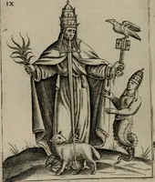 An illustration from Vaticinia, siue Prophetiae Abbatis Ioachimi, & Anselmi Episcopi Marsicani : cum imaginibus aere incisis, correctione, et pulcritudine, plurium manuscriptorum exemplariu[m] op[er]e, et uariu[m] imaginu[m] tabulis, et delineationibu[s] alijs antehac impressis longè praestantiora; quibus rota, et oraculum Turcicum maxime considerationis adiecta sunt (1600)