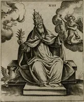 An illustration from Vaticinia, siue Prophetiae Abbatis Ioachimi, & Anselmi Episcopi Marsicani : cum imaginibus aere incisis, correctione, et pulcritudine, plurium manuscriptorum exemplariu[m] op[er]e, et uariu[m] imaginu[m] tabulis, et delineationibu[s] alijs antehac impressis longè praestantiora; quibus rota, et oraculum Turcicum maxime considerationis adiecta sunt (1600)