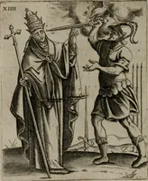 An illustration from Vaticinia, siue Prophetiae Abbatis Ioachimi, & Anselmi Episcopi Marsicani : cum imaginibus aere incisis, correctione, et pulcritudine, plurium manuscriptorum exemplariu[m] op[er]e, et uariu[m] imaginu[m] tabulis, et delineationibu[s] alijs antehac impressis longè praestantiora; quibus rota, et oraculum Turcicum maxime considerationis adiecta sunt (1600)
