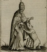 An illustration from Vaticinia, siue Prophetiae Abbatis Ioachimi, & Anselmi Episcopi Marsicani : cum imaginibus aere incisis, correctione, et pulcritudine, plurium manuscriptorum exemplariu[m] op[er]e, et uariu[m] imaginu[m] tabulis, et delineationibu[s] alijs antehac impressis longè praestantiora; quibus rota, et oraculum Turcicum maxime considerationis adiecta sunt (1600)