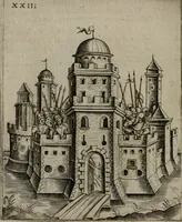 An illustration from Vaticinia, siue Prophetiae Abbatis Ioachimi, & Anselmi Episcopi Marsicani : cum imaginibus aere incisis, correctione, et pulcritudine, plurium manuscriptorum exemplariu[m] op[er]e, et uariu[m] imaginu[m] tabulis, et delineationibu[s] alijs antehac impressis longè praestantiora; quibus rota, et oraculum Turcicum maxime considerationis adiecta sunt (1600)