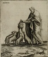 An illustration from Vaticinia, siue Prophetiae Abbatis Ioachimi, & Anselmi Episcopi Marsicani : cum imaginibus aere incisis, correctione, et pulcritudine, plurium manuscriptorum exemplariu[m] op[er]e, et uariu[m] imaginu[m] tabulis, et delineationibu[s] alijs antehac impressis longè praestantiora; quibus rota, et oraculum Turcicum maxime considerationis adiecta sunt (1600)