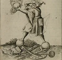 An illustration from Vaticinia, siue Prophetiae Abbatis Ioachimi, & Anselmi Episcopi Marsicani : cum imaginibus aere incisis, correctione, et pulcritudine, plurium manuscriptorum exemplariu[m] op[er]e, et uariu[m] imaginu[m] tabulis, et delineationibu[s] alijs antehac impressis longè praestantiora; quibus rota, et oraculum Turcicum maxime considerationis adiecta sunt (1600)