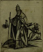 An illustration from Vaticinia, sive, Prophetiae Abbatis Ioachimi, [and] Anselmi Episcopi Marsicani; cum imaginibus aere incisis, correctione, et pulcritudine, plurium manuscriptorum exemplari ope, et variar imagin tabulis, et delineationibù, aliis antehac impressis longè praestantiora; quibus Rota, et Oraculum Turcicum maxime considerationis adiecta sunt; una cum praefatione et adnotationibus Paschalini Regiselmi (1600)