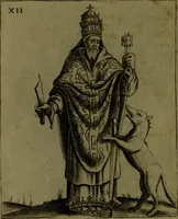 An illustration from Vaticinia, sive, Prophetiae Abbatis Ioachimi, [and] Anselmi Episcopi Marsicani; cum imaginibus aere incisis, correctione, et pulcritudine, plurium manuscriptorum exemplari ope, et variar imagin tabulis, et delineationibù, aliis antehac impressis longè praestantiora; quibus Rota, et Oraculum Turcicum maxime considerationis adiecta sunt; una cum praefatione et adnotationibus Paschalini Regiselmi (1600)