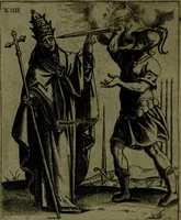 An illustration from Vaticinia, sive, Prophetiae Abbatis Ioachimi, [and] Anselmi Episcopi Marsicani; cum imaginibus aere incisis, correctione, et pulcritudine, plurium manuscriptorum exemplari ope, et variar imagin tabulis, et delineationibù, aliis antehac impressis longè praestantiora; quibus Rota, et Oraculum Turcicum maxime considerationis adiecta sunt; una cum praefatione et adnotationibus Paschalini Regiselmi (1600)