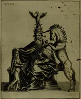 An illustration from Vaticinia, sive, Prophetiae Abbatis Ioachimi, [and] Anselmi Episcopi Marsicani; cum imaginibus aere incisis, correctione, et pulcritudine, plurium manuscriptorum exemplari ope, et variar imagin tabulis, et delineationibù, aliis antehac impressis longè praestantiora; quibus Rota, et Oraculum Turcicum maxime considerationis adiecta sunt; una cum praefatione et adnotationibus Paschalini Regiselmi (1600)
