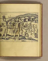 An illustration from Vera historia, admirandae cuiusdam nauigationis, quam Huldericus Schmidel, Straubingensis, ab anno 1534. usque ad annum 1554. in Americam vel nouum mundum, iuxta Brasiliam & Rio della Plata, confecit. : Quid per hosce annos 19. sustinuerit, quam varias & quam mirandas regiones ac homines viderit. Ab ipso Schmidelio Germanice, descripta: nunc vero, emandatis & correctis vrbium, regionum & fluminum nominibus, adiecta etiam tabula geographica, figuris, & alijs notationibus quibusdam, in hac forma reducta (1599)