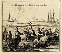 An illustration from Verhael van de eerste schip-vaert der Hollandische ende Zeeusche schepen, door't Way-Gat, by Noorden Noorweghen, Moscovien ende Tartarien om, na de coninckrijcken Cathay ende China. Met drie schepen, uyt Texel ghezeylt. : Hier achter is by-ghevoeght de beschrijvinghe van de landen Siberia, Samoyeda, ende Tingœsa. . (1650)