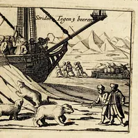 An illustration from Verhael van de eerste schip-vaert der Hollandische ende Zeeusche schepen, door't Way-Gat, by Noorden Noorweghen, Moscovien ende Tartarien om, na de coninckrijcken Cathay ende China. Met drie schepen, uyt Texel ghezeylt. : Hier achter is by-ghevoeght de beschrijvinghe van de landen Siberia, Samoyeda, ende Tingœsa. . (1650)