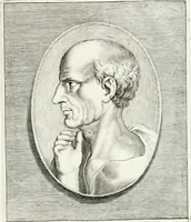 An illustration from Veterum illustrium philosophorum, poetarum, rhetorum, et oratorum imagines : ex vetustis nummis, gemmis, hermis, marmoribus, alijsque antiquis monumentis desumptae (1685)