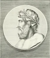 An illustration from Veterum illustrium philosophorum, poetarum, rhetorum, et oratorum imagines : ex vetustis nummis, gemmis, hermis, marmoribus, alijsque antiquis monumentis desumptae (1685)