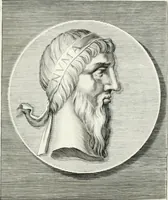 An illustration from Veterum illustrium philosophorum, poetarum, rhetorum, et oratorum imagines : ex vetustis nummis, gemmis, hermis, marmoribus, alijsque antiquis monumentis desumptae (1685)