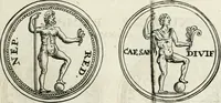 An illustration from Veterum Romanorum Religio castrametatio, disciplina militaris ut & balneae ex antiquis numismatibus & lapidibus demonstrata (1686)