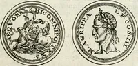 An illustration from Veterum Romanorum Religio castrametatio, disciplina militaris ut & balneae ex antiquis numismatibus & lapidibus demonstrata (1686)