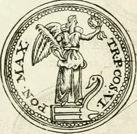 An illustration from Veterum Romanorum Religio castrametatio, disciplina militaris ut & balneae ex antiquis numismatibus & lapidibus demonstrata (1686)
