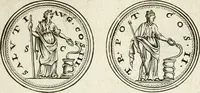 An illustration from Veterum Romanorum Religio castrametatio, disciplina militaris ut & balneae ex antiquis numismatibus & lapidibus demonstrata (1686)
