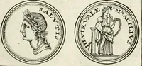 An illustration from Veterum Romanorum Religio castrametatio, disciplina militaris ut & balneae ex antiquis numismatibus & lapidibus demonstrata (1686)