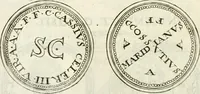 An illustration from Veterum Romanorum Religio castrametatio, disciplina militaris ut & balneae ex antiquis numismatibus & lapidibus demonstrata (1686)