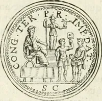 An illustration from Veterum Romanorum Religio castrametatio, disciplina militaris ut & balneae ex antiquis numismatibus & lapidibus demonstrata (1686)