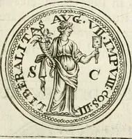 An illustration from Veterum Romanorum Religio castrametatio, disciplina militaris ut & balneae ex antiquis numismatibus & lapidibus demonstrata (1686)