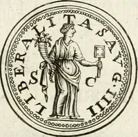 An illustration from Veterum Romanorum Religio castrametatio, disciplina militaris ut & balneae ex antiquis numismatibus & lapidibus demonstrata (1686)