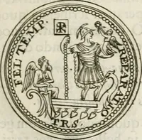 An illustration from Veterum Romanorum Religio castrametatio, disciplina militaris ut & balneae ex antiquis numismatibus & lapidibus demonstrata (1686)