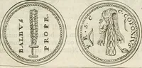 An illustration from Veterum Romanorum Religio castrametatio, disciplina militaris ut & balneae ex antiquis numismatibus & lapidibus demonstrata (1686)