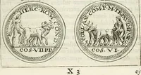 An illustration from Veterum Romanorum Religio castrametatio, disciplina militaris ut & balneae ex antiquis numismatibus & lapidibus demonstrata (1686)