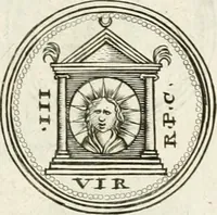 An illustration from Veterum Romanorum Religio castrametatio, disciplina militaris ut & balneae ex antiquis numismatibus & lapidibus demonstrata (1686)