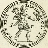 An illustration from Veterum Romanorum Religio castrametatio, disciplina militaris ut & balneae ex antiquis numismatibus & lapidibus demonstrata (1686)