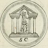 An illustration from Veterum Romanorum Religio castrametatio, disciplina militaris ut & balneae ex antiquis numismatibus & lapidibus demonstrata (1686)