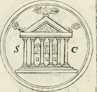 An illustration from Veterum Romanorum Religio castrametatio, disciplina militaris ut & balneae ex antiquis numismatibus & lapidibus demonstrata (1686)