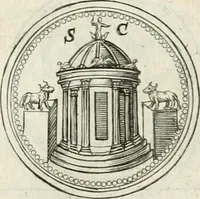 An illustration from Veterum Romanorum Religio castrametatio, disciplina militaris ut & balneae ex antiquis numismatibus & lapidibus demonstrata (1686)