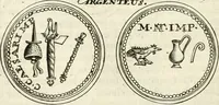 An illustration from Veterum Romanorum Religio castrametatio, disciplina militaris ut & balneae ex antiquis numismatibus & lapidibus demonstrata (1686)